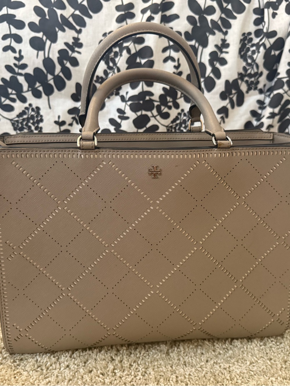 Tory Burch Taupe Quilted Tote Satchel